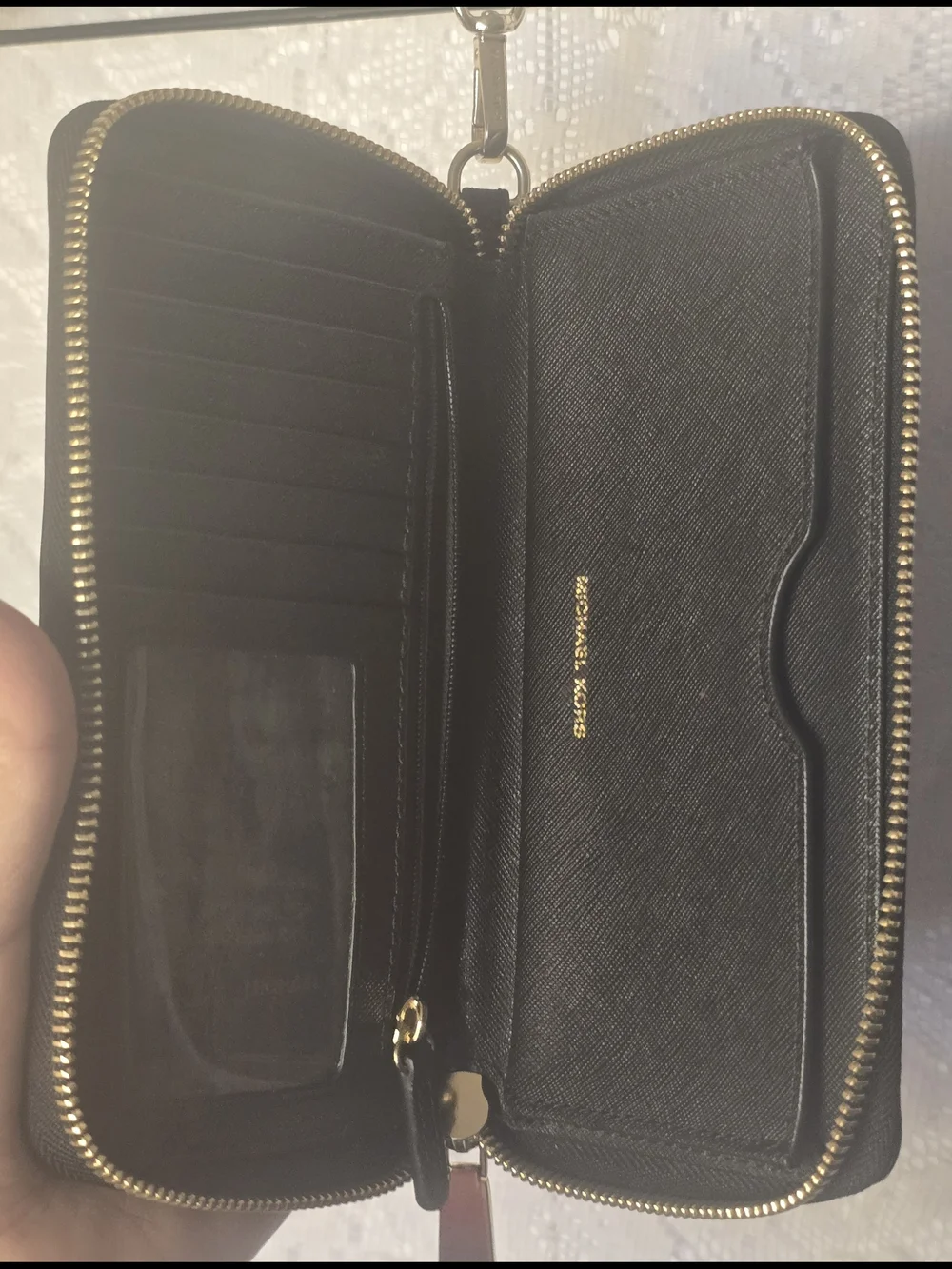Michael Kors Black Pebbled Leather Zip Around Wristlet Wallet Gold Hardware